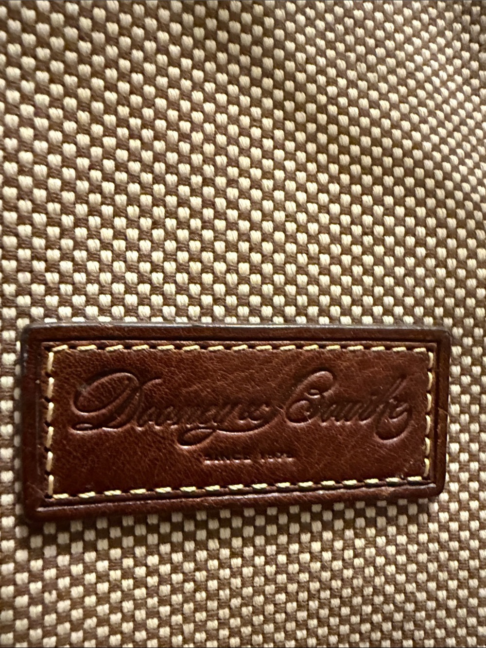 Dooney & Bourke Beige Fabric Mini Bag with Brown Leather Logo Patch